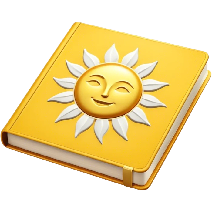 A golden yellow book with white accents, smooth and polished, embossed with a symbol of six pillars, a sun, or a glowing mirror, radiating strength, confidence, and the power of self-worth.  emoji