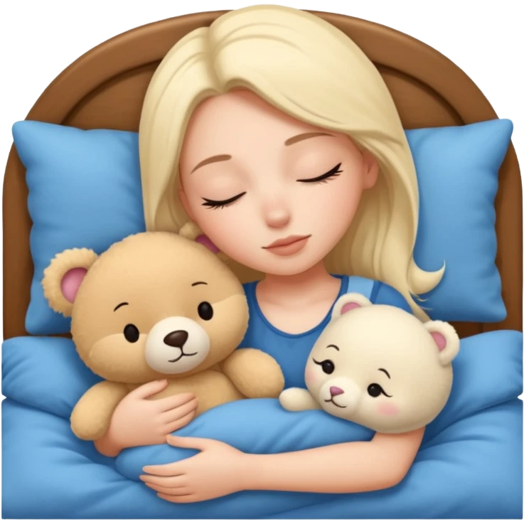 single-girl-in-Warm Cream-cozy-blue-bed-sleeping-pretty-eyelashes-light-skin-with toy emoji