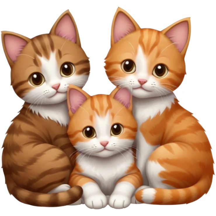 3 kittens cuddling together all different colours, the first one is grey and white, the second is ginger and white and the third is brown tabby and white emoji