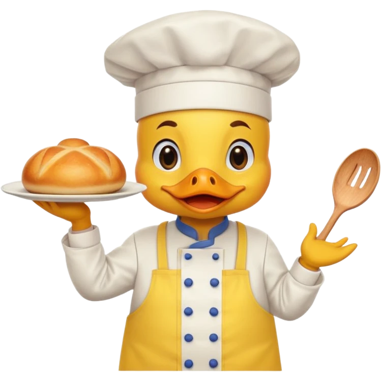 A duck in chef hat presenting a plate of fancy cuisine proudly wearing yellow apron emoji