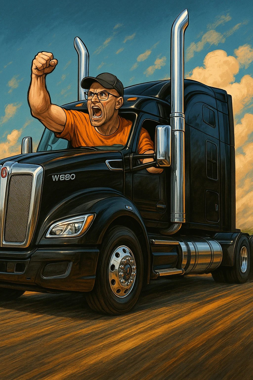 2026 Kenworth W680 black sleeper semi truck with tall chrome stacks, an angry bald man in an orange shirt, glasses, and baseball cap arm pumping out the window, detailed, vibrant, energetic scene emoji