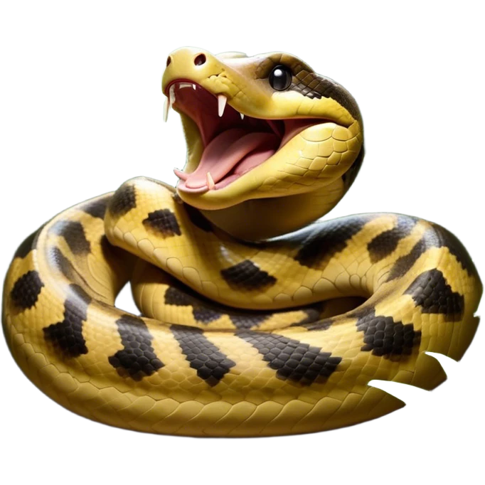 Cinematic Cute Yawning Anaconda Portrait Emoji, Head tilted slightly with a dramatic, wide-open yawn, showcasing a sinuous, scaled form with half-closed, drowsy eyes and an open, relaxed mouth, Simplified yet irresistibly adorable features, highly detailed, glowing with a soft, cozy jungle glow, high shine, relaxed yet expressive, stylized with a dash of whimsical reptilian charm, soft glowing outline, capturing the essence of a drowsy yet affectionate anaconda that appears ready to stretch out for a nap! emoji
