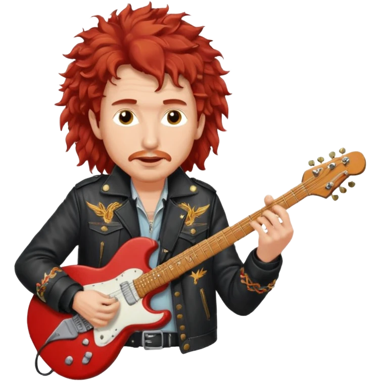 realistic cinematic Bob Dylan, unshaven and long haired, in a motor jacket embroidered with bronze cranes, plays an electric guitar, his long curly hair is red from the spotlights emoji