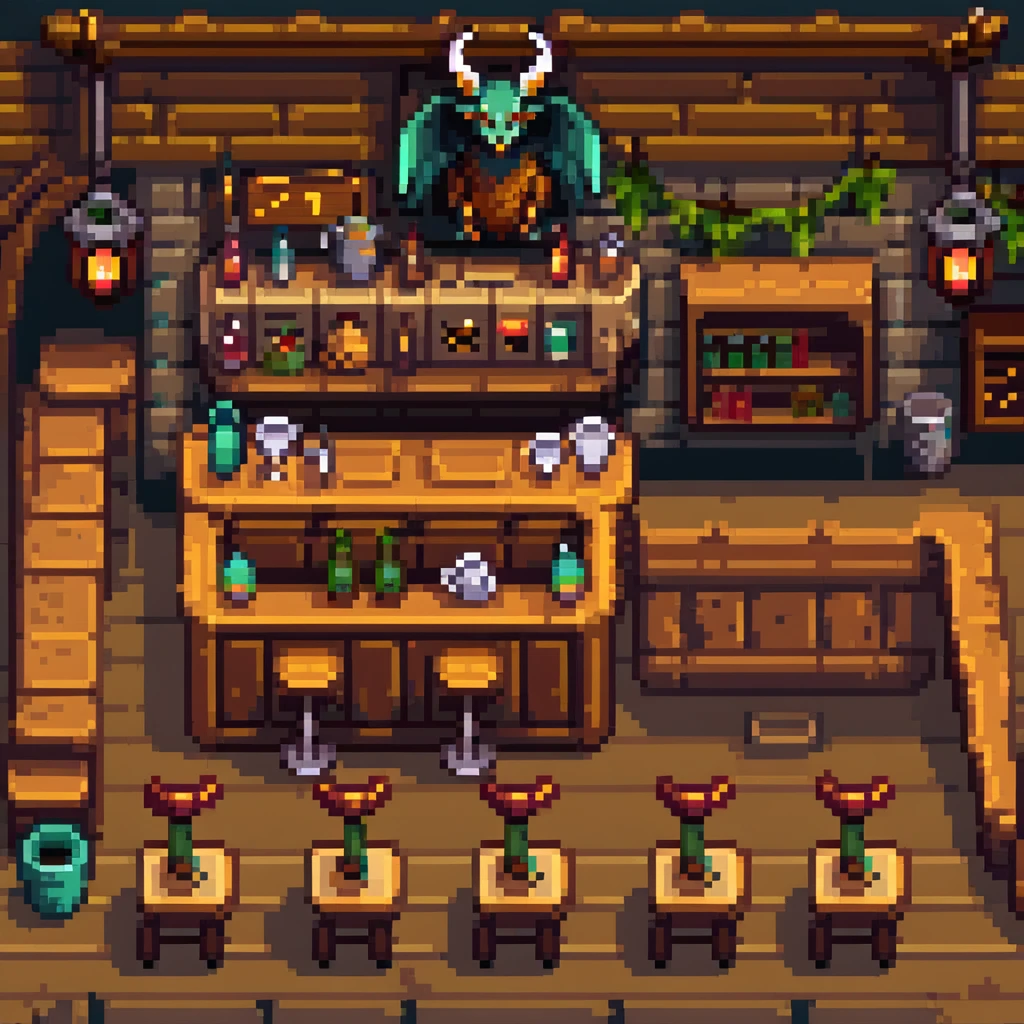 fantasy tavern interior with bar counter, stools, tables, and fantasy creatures enjoying drinks emoji