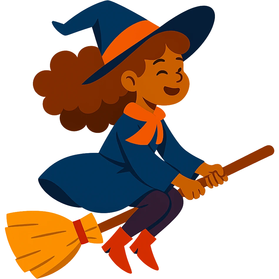 witch with caramel brown curly hair, flying on a broomstick emoji