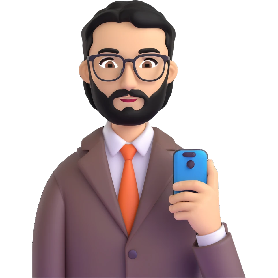 professional man with medium black beard, neat black hair, connected unibrow, olive tan skin, brown eyes, glasses, prominent nose, wearing business casual attire, holding a smartphone in hand emoji