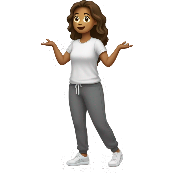  Side profile of A woman in sweatpants and a t shirt standing up, full body view she is holding her arms out as if se is handing someone something, brown hair side profile, lookin from the Left side comepletly emoji