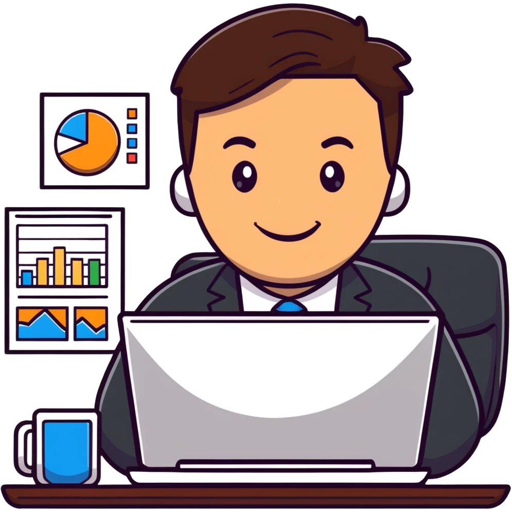 corporate guy with brown hair, smiling at computer with CRM charts emoji