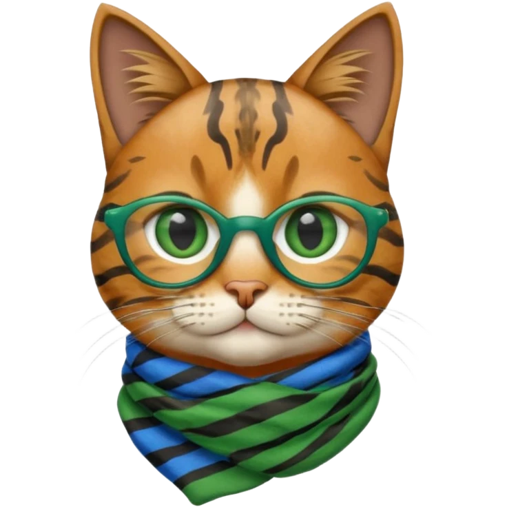 Apple Emoji-style cat head with tabby fur pattern, tinted green glasses, blue striped scarf, and large green eyes. The emoji should only feature the cat's head with no additional body parts. emoji