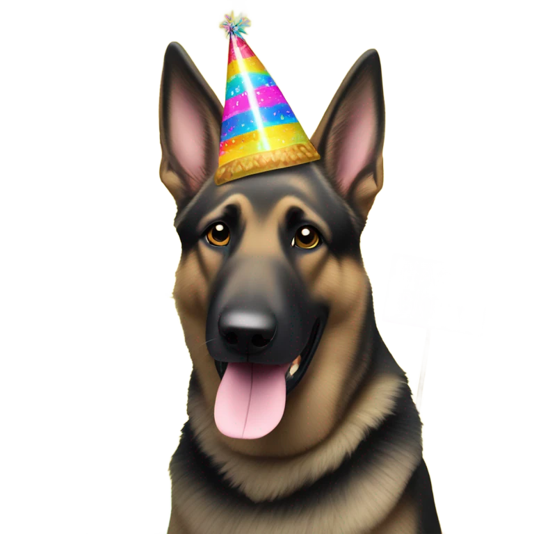 Blonde and black German shepherd with a party hat and a sign that says Happy Birthday To Me emoji