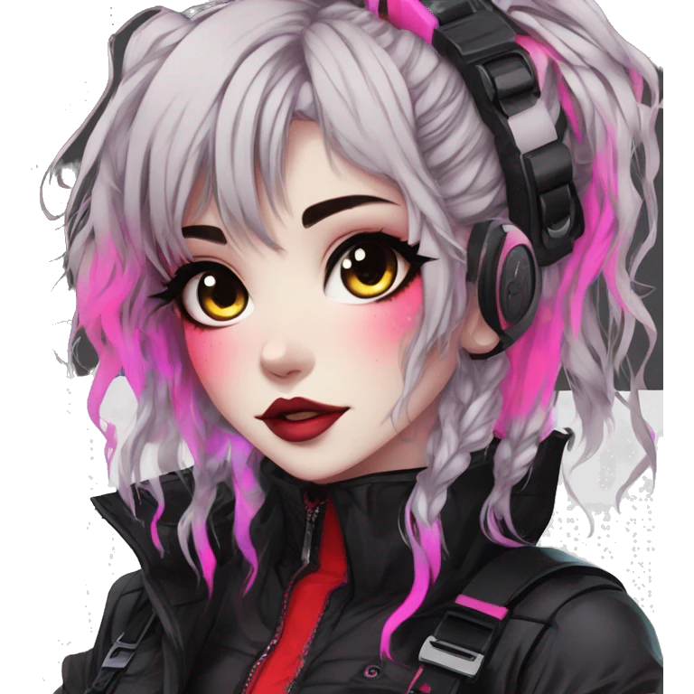 Gorgeous bright colorful neon gothic techwear anime style lady with blushing face aesthetic and pretty edgy black red punk messy wild cute hair with collar and harness trending style emoji
