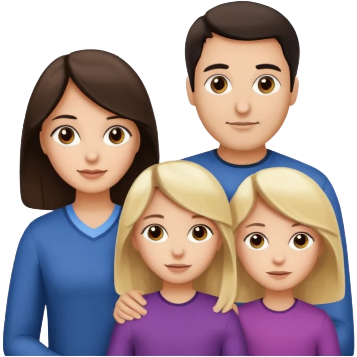 Familia : Hombre pelo oscuro, Mujer pelo cafe, hija 1 pelo mono , hija 2 pelo oscuro. emoji