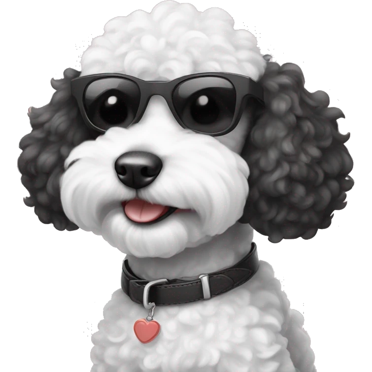 Black and white poodle puppy wearing sunglasses and smiling emoji