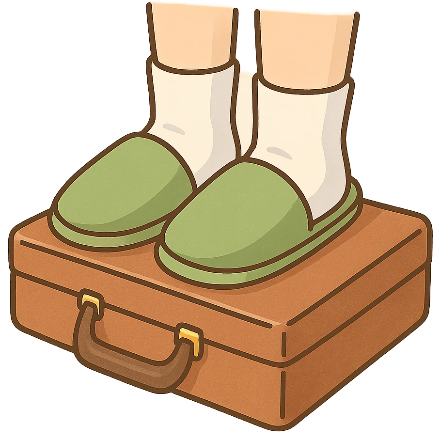 Feet with white socks wearing green house slippers standing on a briefcase emoji