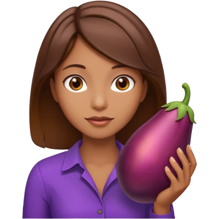 Brown hair curious woman with eggplant  emoji