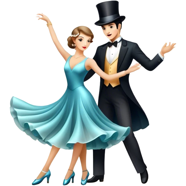 Icon for Ballroom Dancing: a pair of elegant dance shoes, a flowing dress, a top hat, and a dance floor spotlight. The icon should represent the elegance and atmosphere of ballroom dance, focusing on the iconic dance elements. Transparent background. emoji