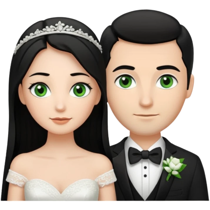 Bride has Black hair black eyes with brown hair. Groom has green eyes and brown hair!!! tall groom with white wedding bands emoji