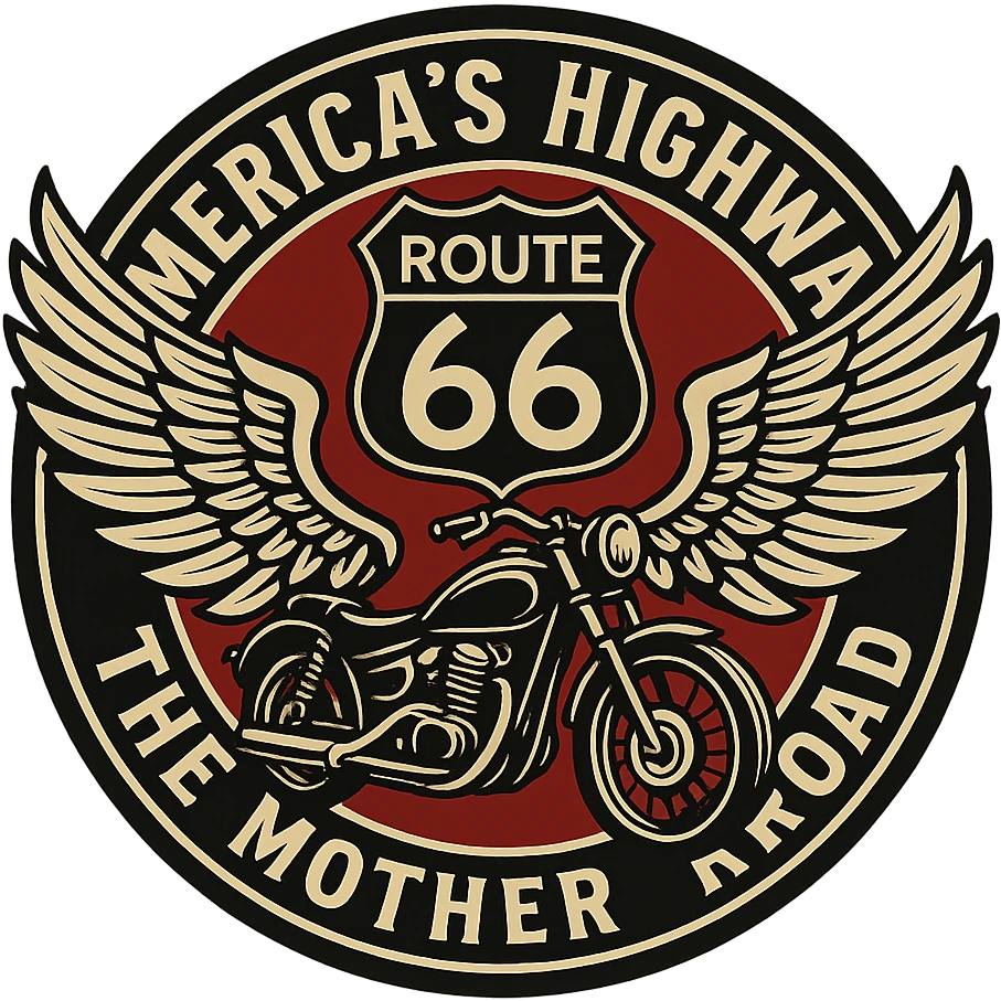 circular design for motorcycle cap, transparent background, text 'AMERICA'S HIGHWAY - ROUTE 66 - THE MOTHER ROAD', motif: motorcycle, wing, Route 66 sign, iconic style emoji