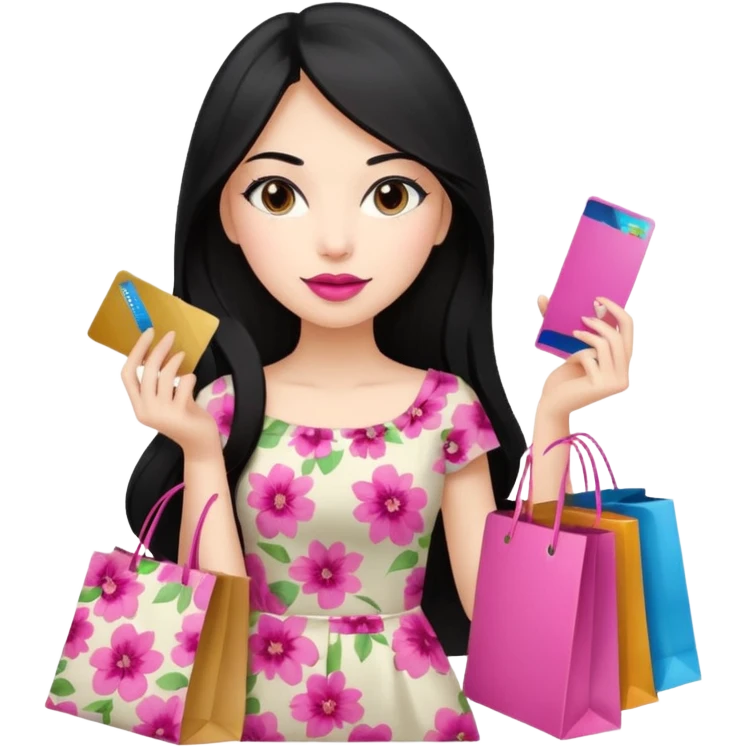 Girl with long black hair and pink lipstick, brown eyes holding shopping bags and credit card emoji
