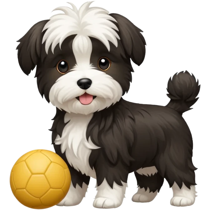 mostly white & black Havenese dog standing with ball emoji