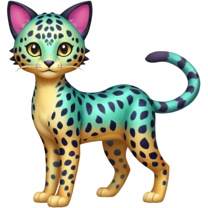 Colorful iridescent exotic esoteric patterned Gradients-colored realistic elegant lanky feminine cute pretty Liepard-Litten-Purrloin-Sprigatito-Pokémon-fusion-creature (full body) emoji