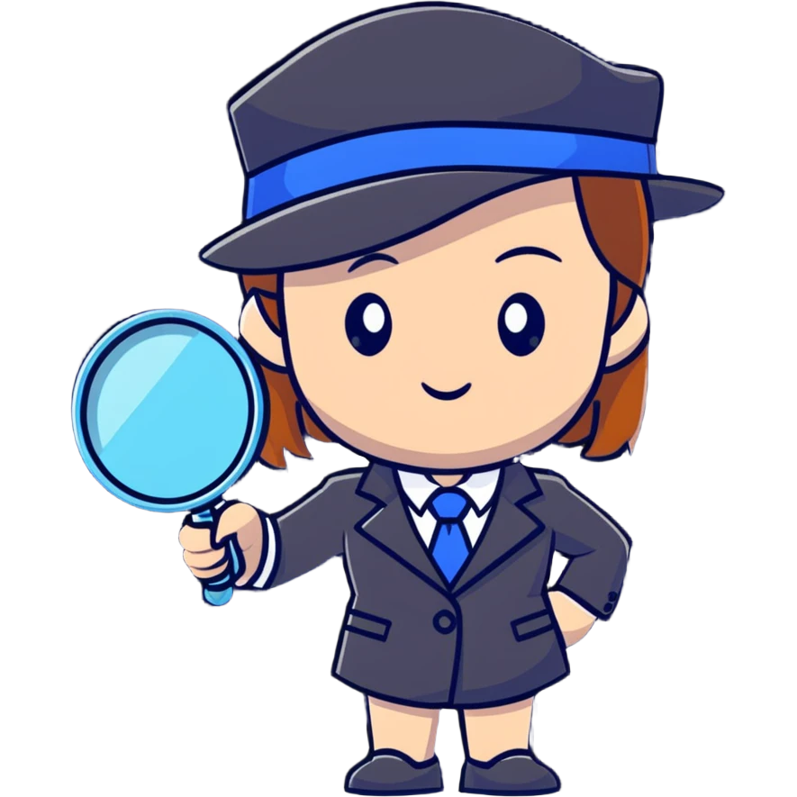 girl in a business suit, wearing a detective hat, holding a magnifying glass, in an investigating pose emoji