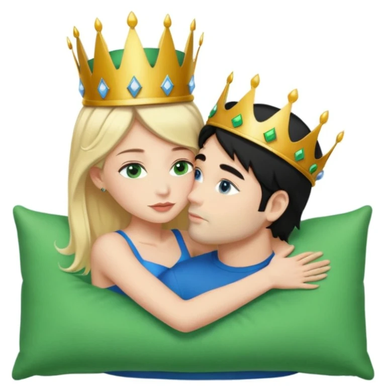 Blonde Queen with crown, Green eyes, naked, kissing man, naked, no crown, black hair, blue eyes, whole Body, Background Green pillow  emoji