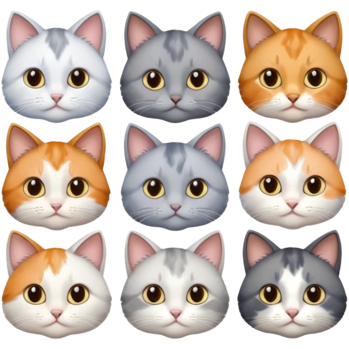 6 realistic looking cats with different natural coloured coats, assorted grey and white, greys, calico, brown and white colours etc
 emoji