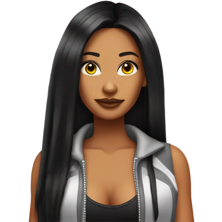 Tanned woman with long black hair dressed in Y2K hip hop hair, makeup, and neon attire emoji