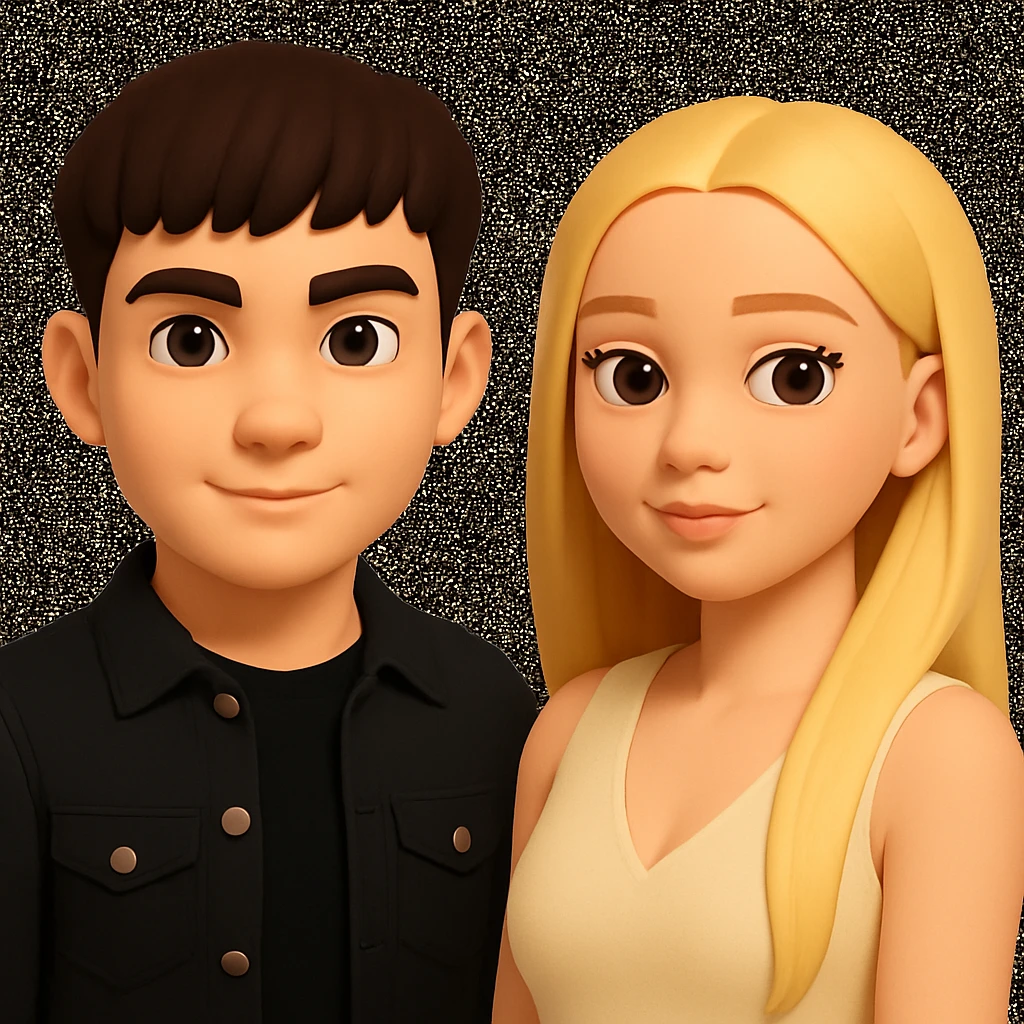 Slightly increase the volume of the upper body of the girl, separate the girl and the boy from each other, and make the skin color the same for both characters. Maintain the cartoonish 3D style in the editing. emoji