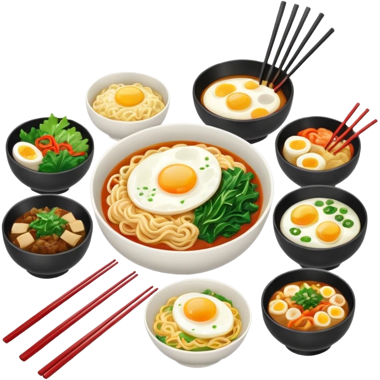 Korean food set including noodles, egg, greens, and side dishes, clean and simple emoji