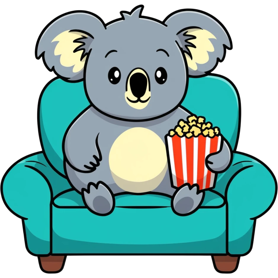 Koala sitting on the couch eating popcorn watching tv emoji