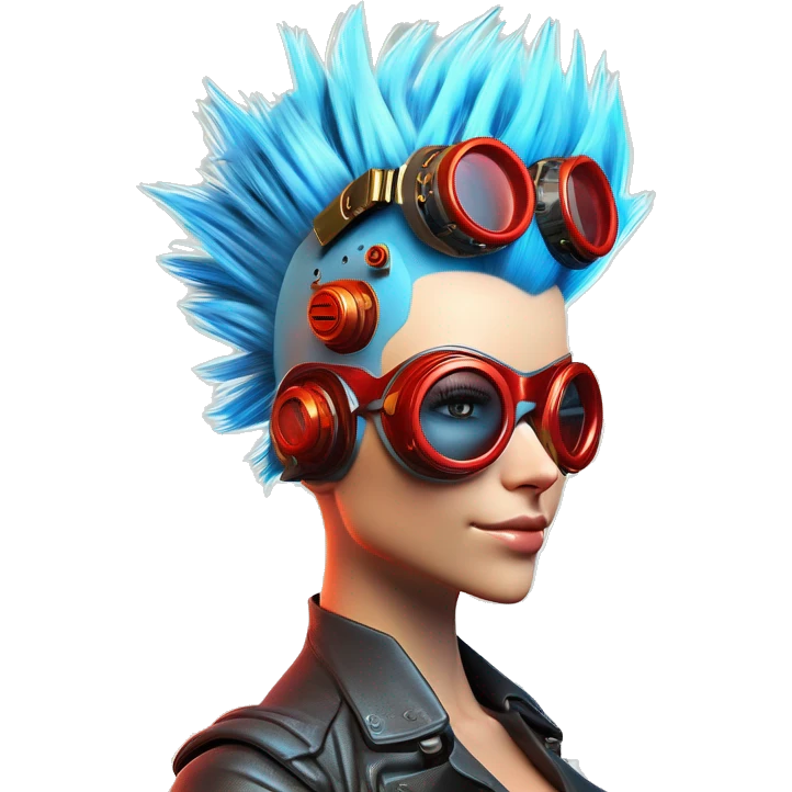 Light blue Mohawk hair female cyborg head with red steampunk goggles and circuits emoji