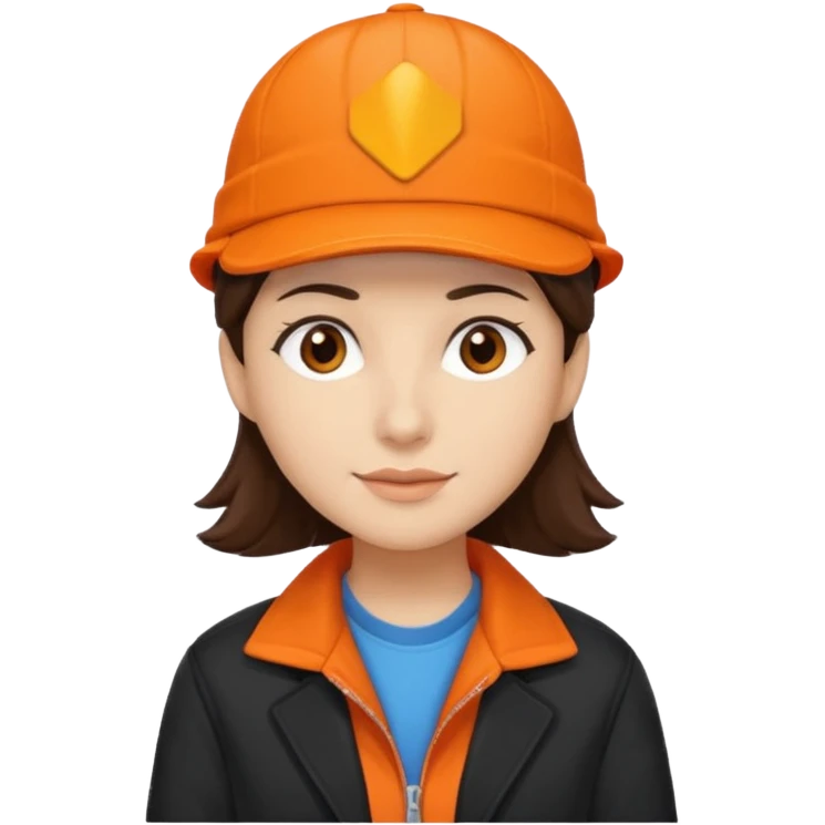Kindly Keyin with dark brown hair, orange cap and shirt, black jacket emoji
