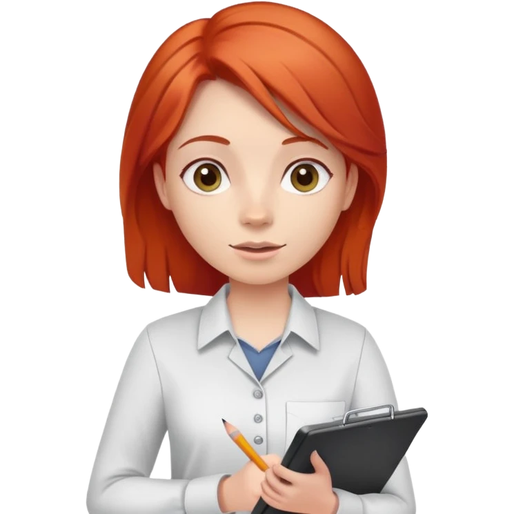 Intern or volunteer with red hair holding a clipboard and pencil, ready to take notes or assist. The character wears a simple shirt and has an eager posture emoji