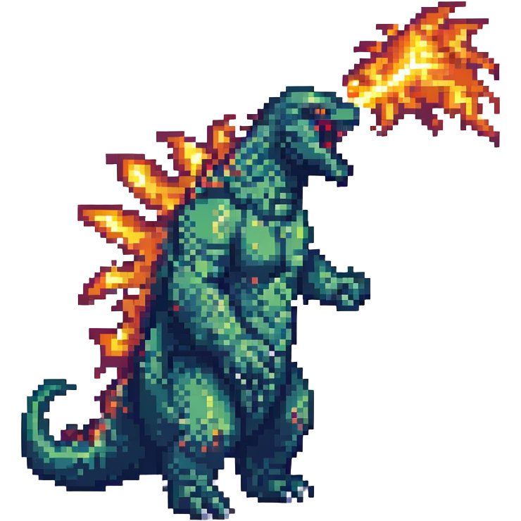 Godzilla in pixel art style, breathing fire, retro video game look emoji