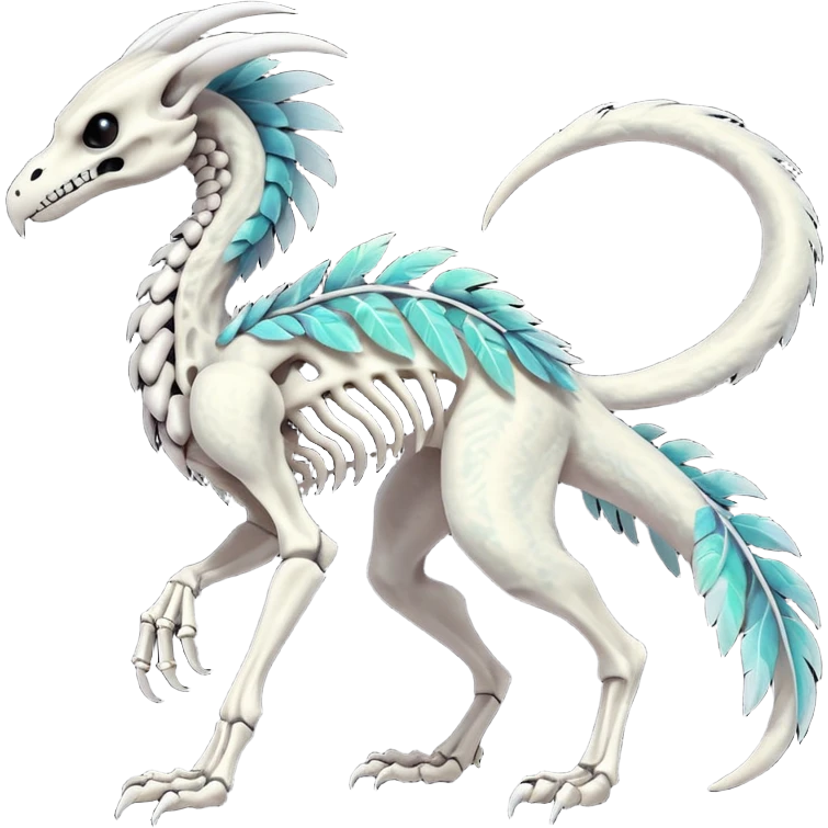 Rare realistic tribal patterned white whitish pastel colorful iridescent shiny glossy feathered skeletal badass epic handsome gorgeous aesthetic black-skulled Vernid-Trico-Sergal-Salandit-Nargacuga-species-Fakemon-creature by LiLaiRa, 4 legs, 1 tail, random markings, (full body) long ears emoji