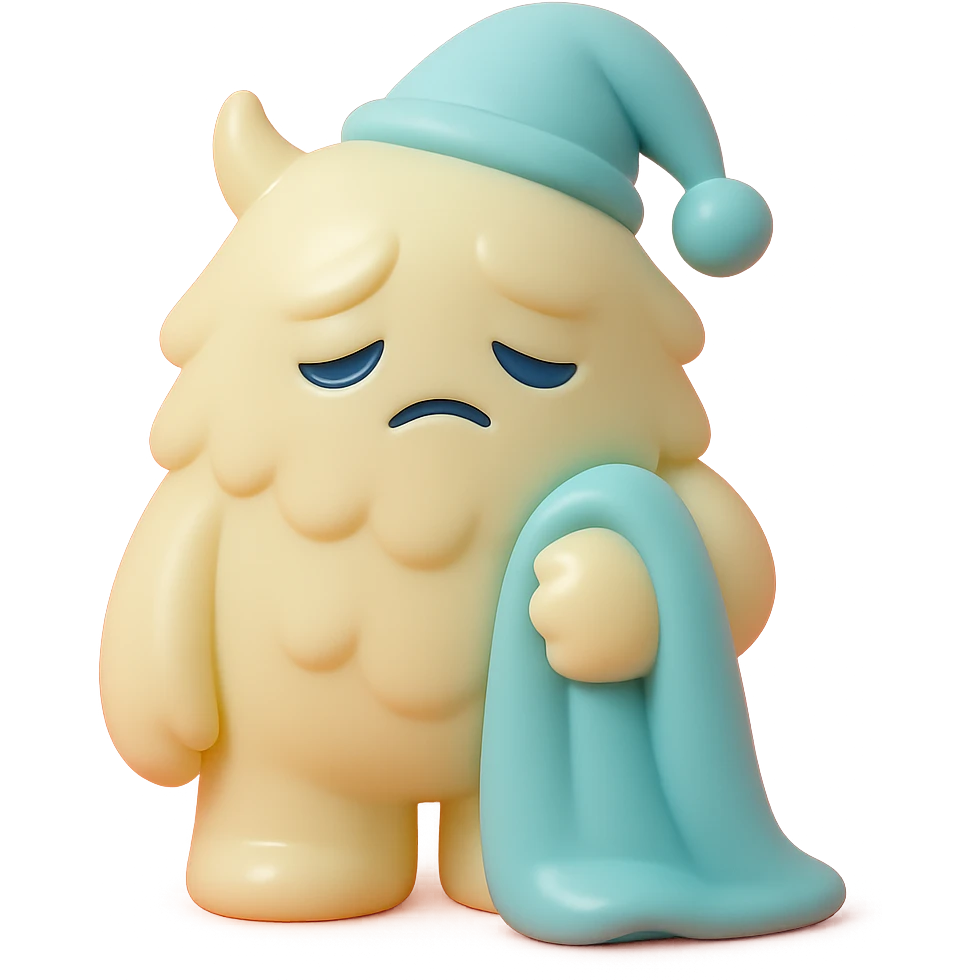 fluffy monster wearing a nightcap, holding a blanket, eyes drooping, soft lighting, vinyl figure style emoji