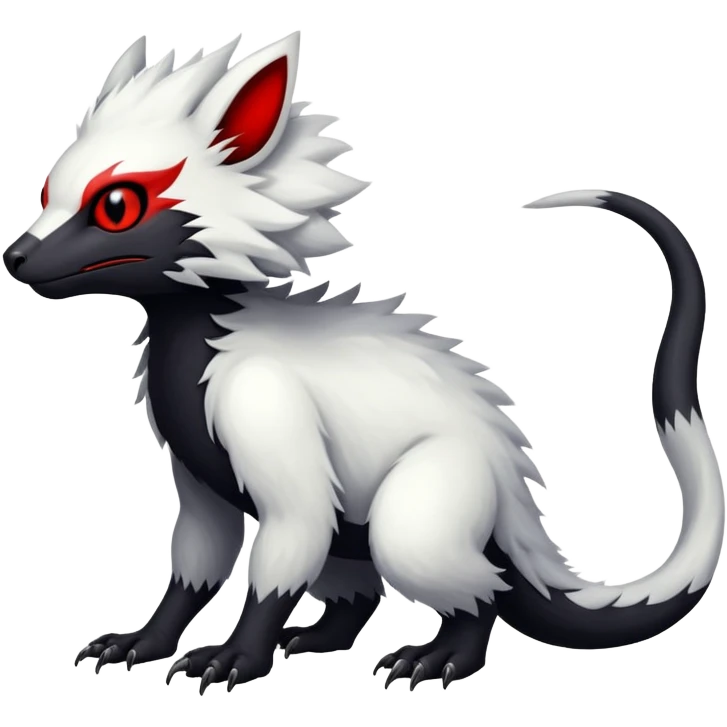 a white exotic edgy vernid-fionbr-Fakémon-creature, with black belly and red eyes, full body emoji