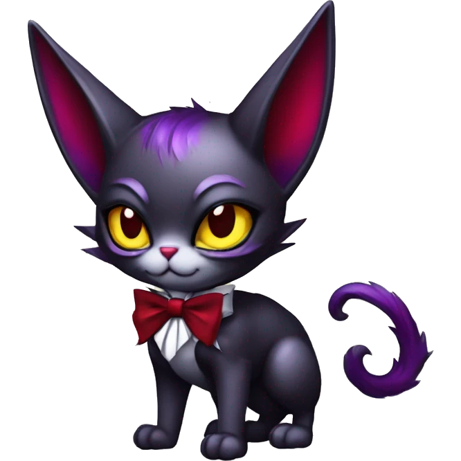 Cute-Evil-Vampiric-Batty-Cat-Black-Purple-Red-Yellow-Contrast-Colors-Fantasy-Fur-Sona-Chibi-Shiny-Fakémon-Hybrid with horns and big fangs neck bow white tie leg spats full body emoji
