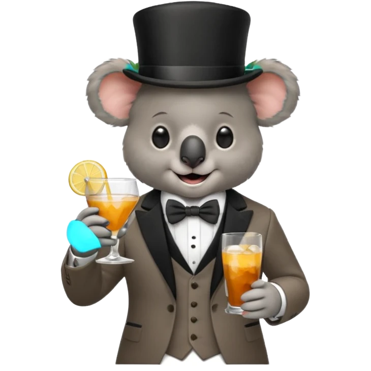koala wearing suit, bowtie and top hat, holding glass of drink emoji