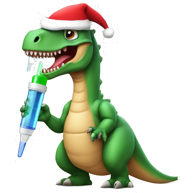 Dinosaur with Santa hat holding a syringe  emoji