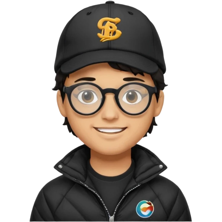 Young man wearing a black puffer jacket, black baseball cap with a small logo, round black glasses, wavy hair peeking out from under the cap, smiling emoji