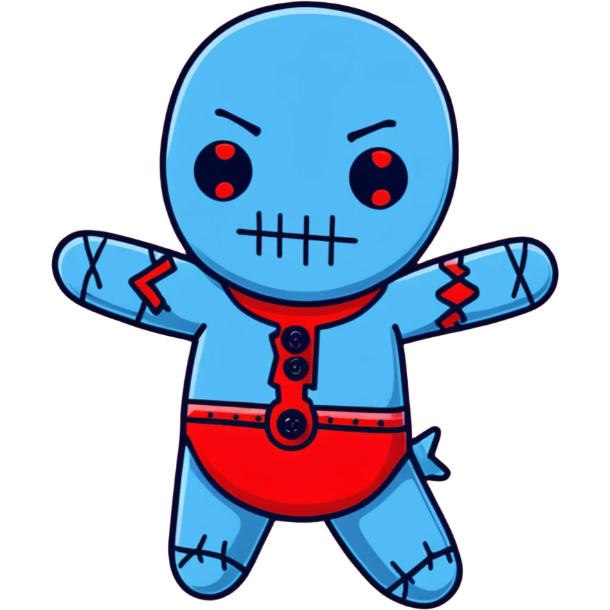 A Carolina blue voodoo doll with red stitching and buttons for eyes, with several pins stuck in it emoji