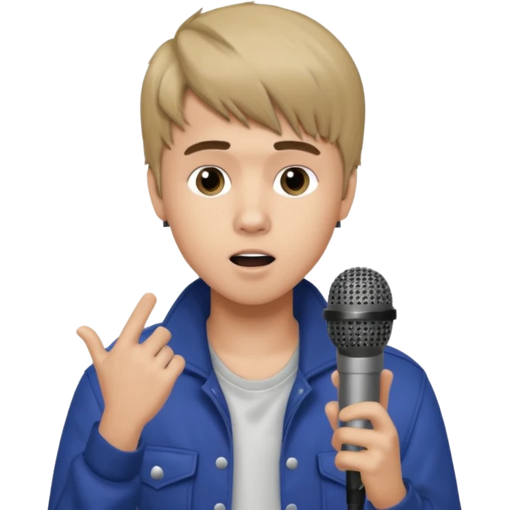 Justin Bieber, around 16, casual clothes, singing into mic emoji