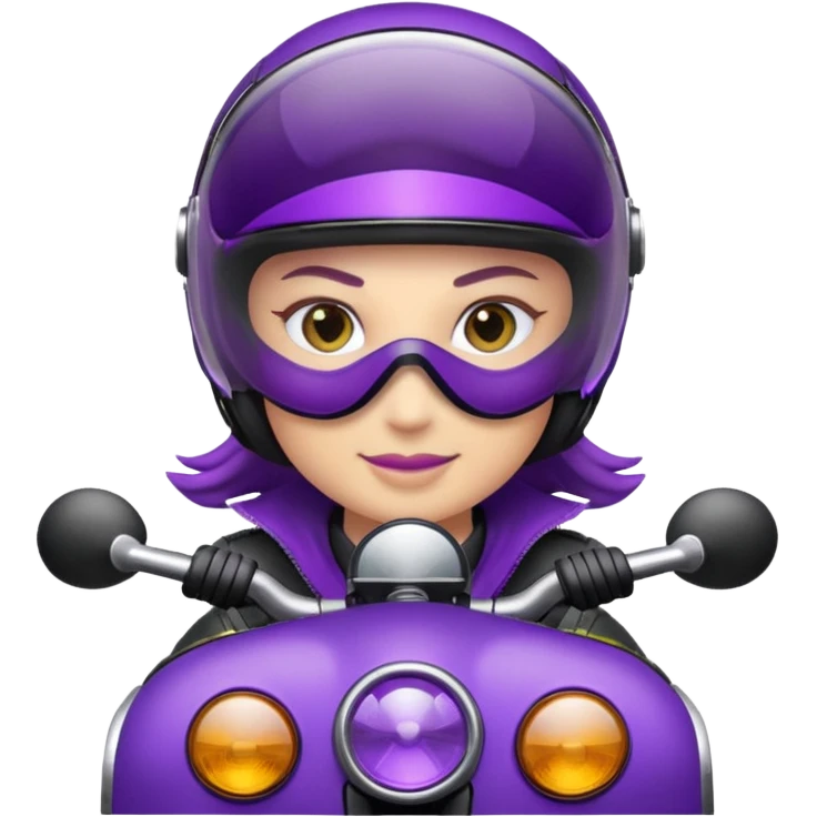 Créer un emoji avec une moto mt07 sport noir mate / violet iridescent très foncé, pare-brise de la moto violet. Avec une femme pilote dessus, visage masqué par la visière violette . Avec en arrière plan cercle violet. emoji