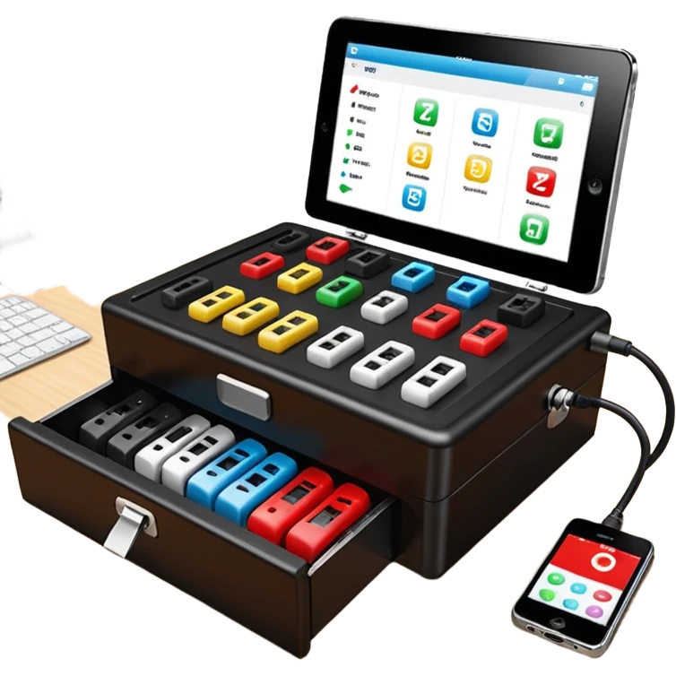 Open professional black testing case on wooden desk. Interior: control panel with colored sockets, USB ports, and power outlet. Inside: a roll of white QR-code calibration stickers.  red test probe.  emoji