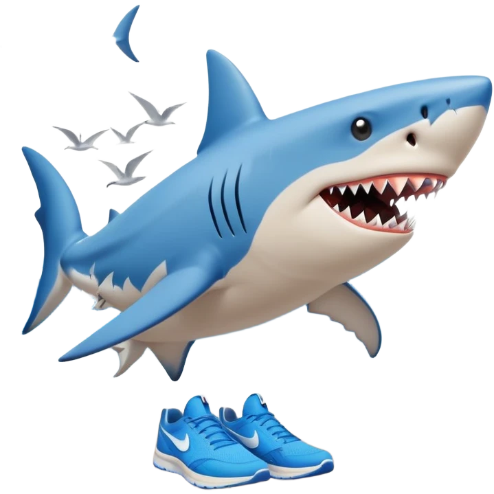 A surreal and humorous scene of a shark standing on a beach with human-like legs, wearing bright blue Nike sneakers. The shark looks slightly cartoonish, with a content expression. Behind it, ocean waves crash under a clear blue sky with a few birds flying overhead. The lighting is soft and sunny, creating a whimsical and absurd vibe. emoji