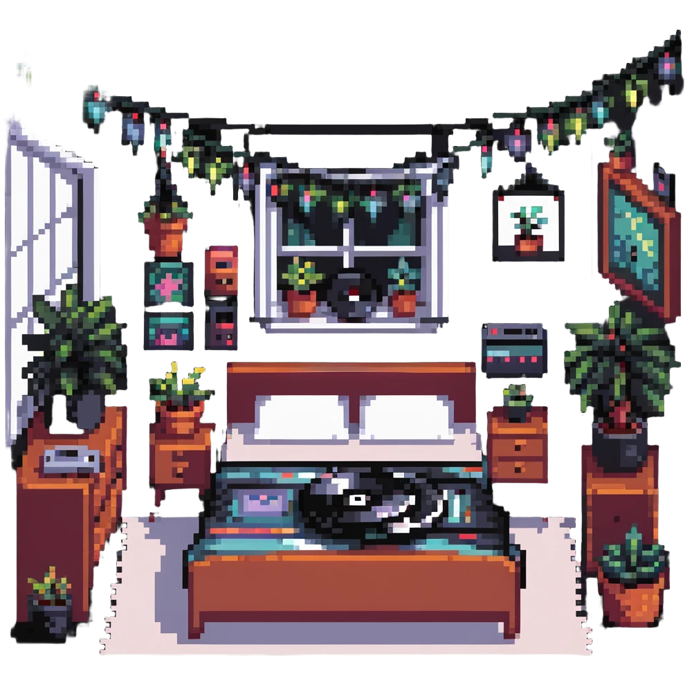 indie bedroom with fairy lights, plants and vinyl records emoji