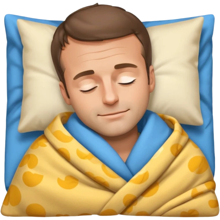 Emmanuel Macron sleeping peacefully, eyes closed, gentle smile, cozy setting, emoji style emoji